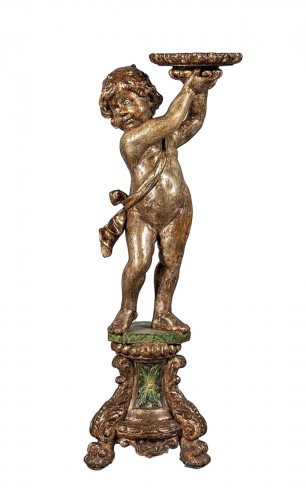 Putto porte torchère en bois argenté, Venise 18e siècle